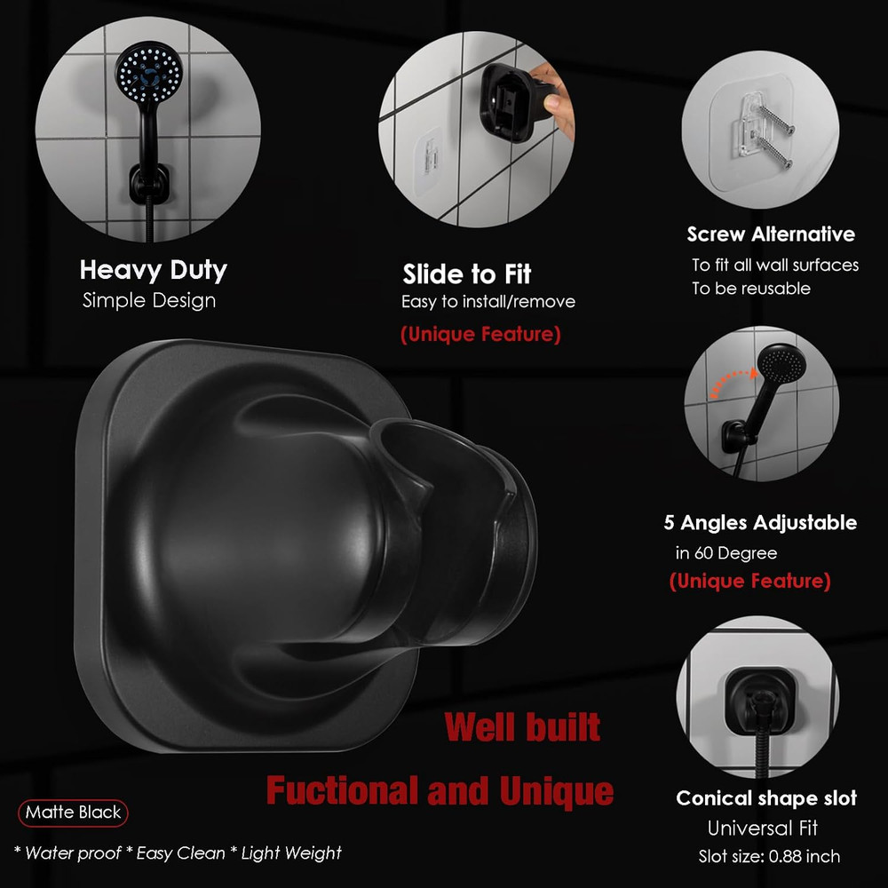 Handheld Shower Head Holder - 5 Positions Adjustable - Concealed Matte Black