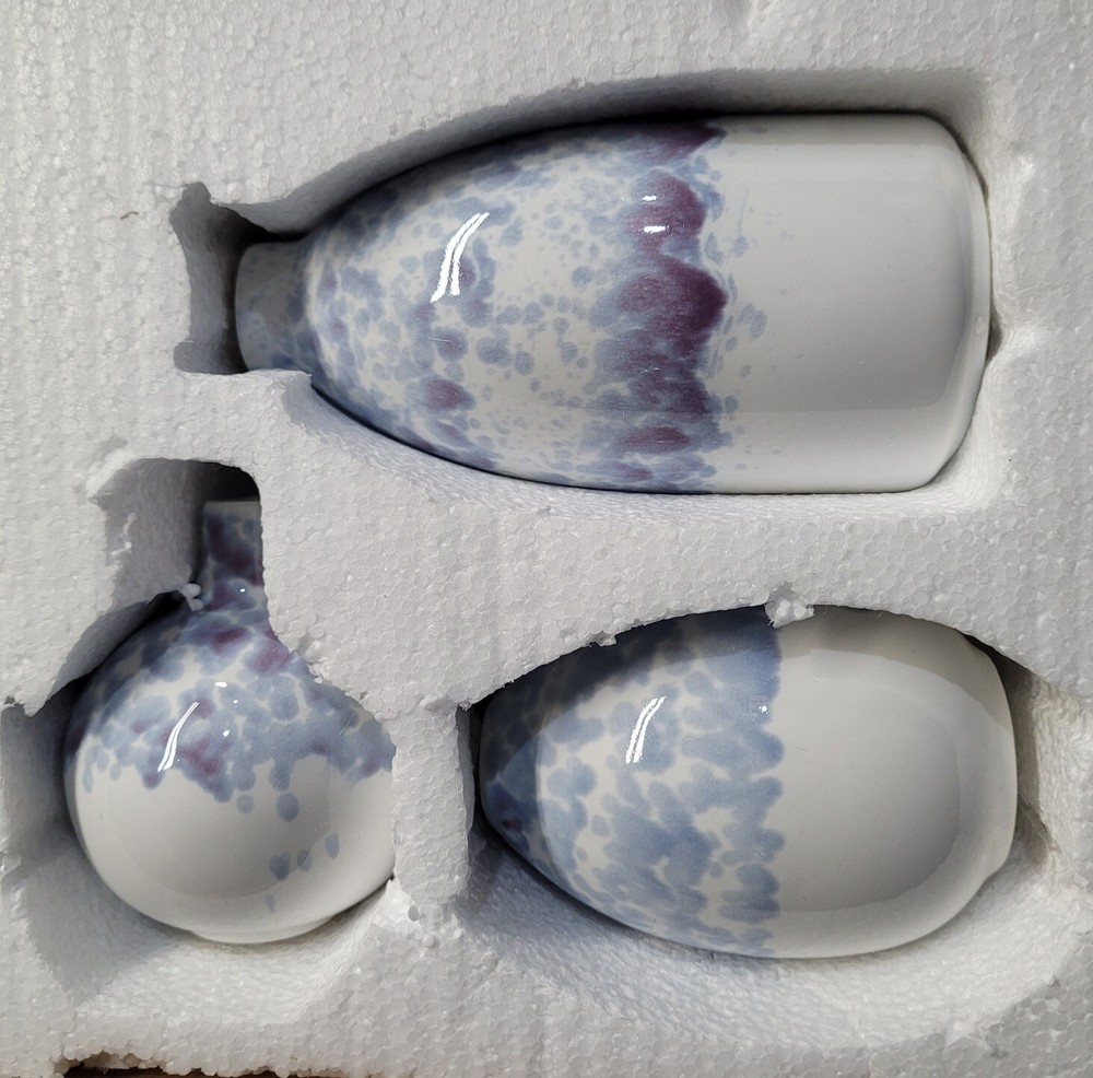 Glazed Ceramic Vases, 3 piece, white - blue small Table Vases NEW (9F)