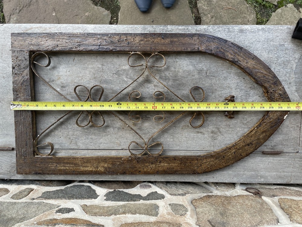 Antique Wood Church Window Frame Iron Scrollwork