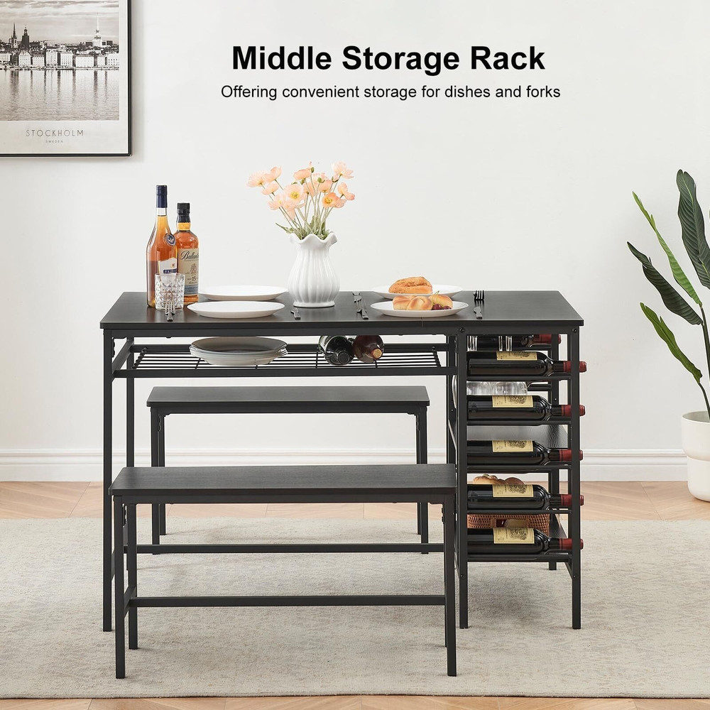 Kitchen Dining Table Set Storage Racks Wine Shelf Space Saving 2 Benches Seats 4