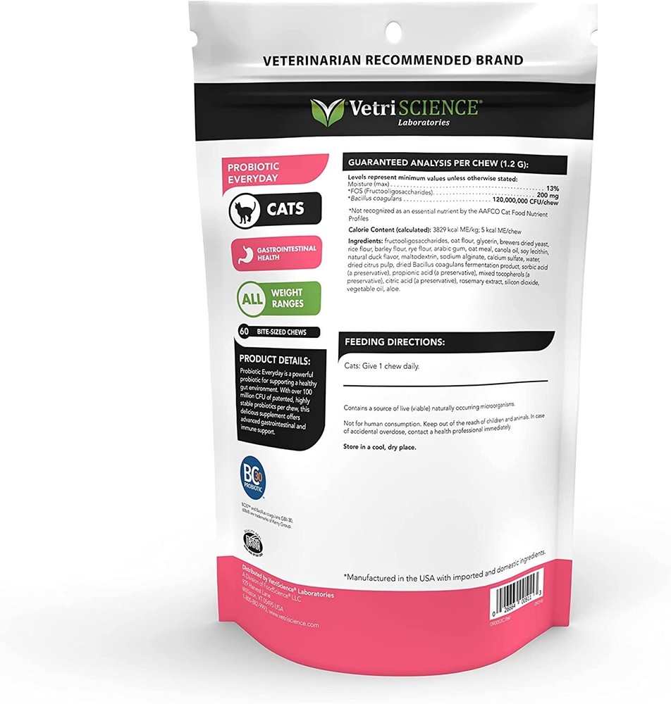 Vetriscience Probiotic Digestive Support Supplement for Cats, 60 Bite Sized Chew