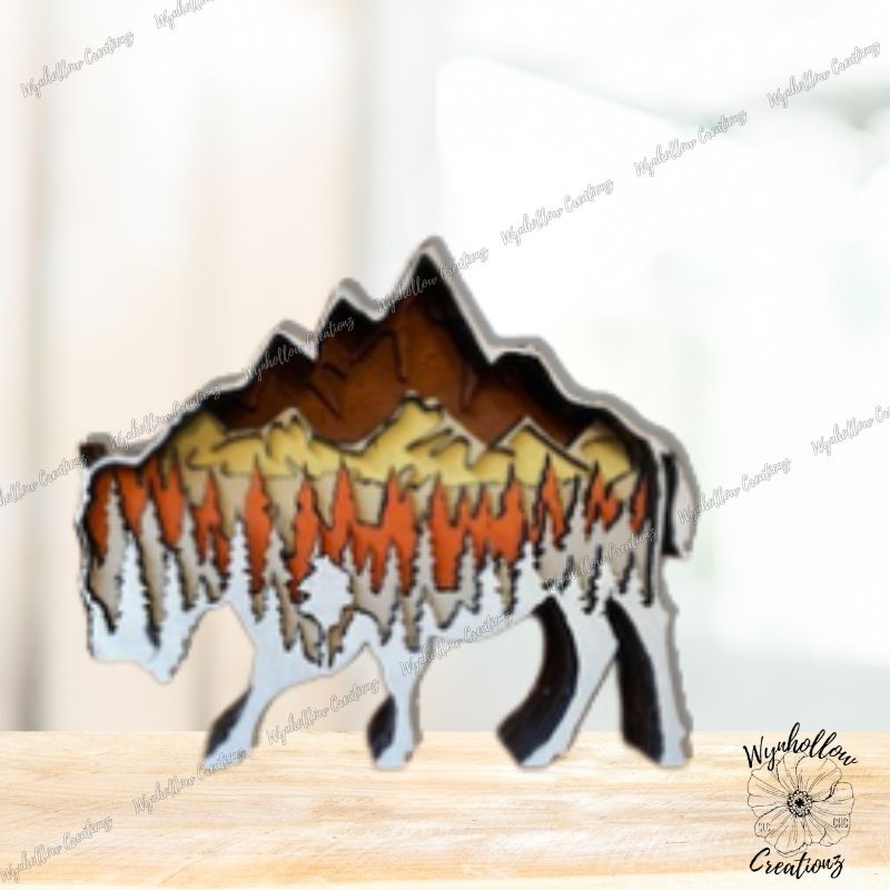 Bison Outline With Mountain Scene Wood Layer