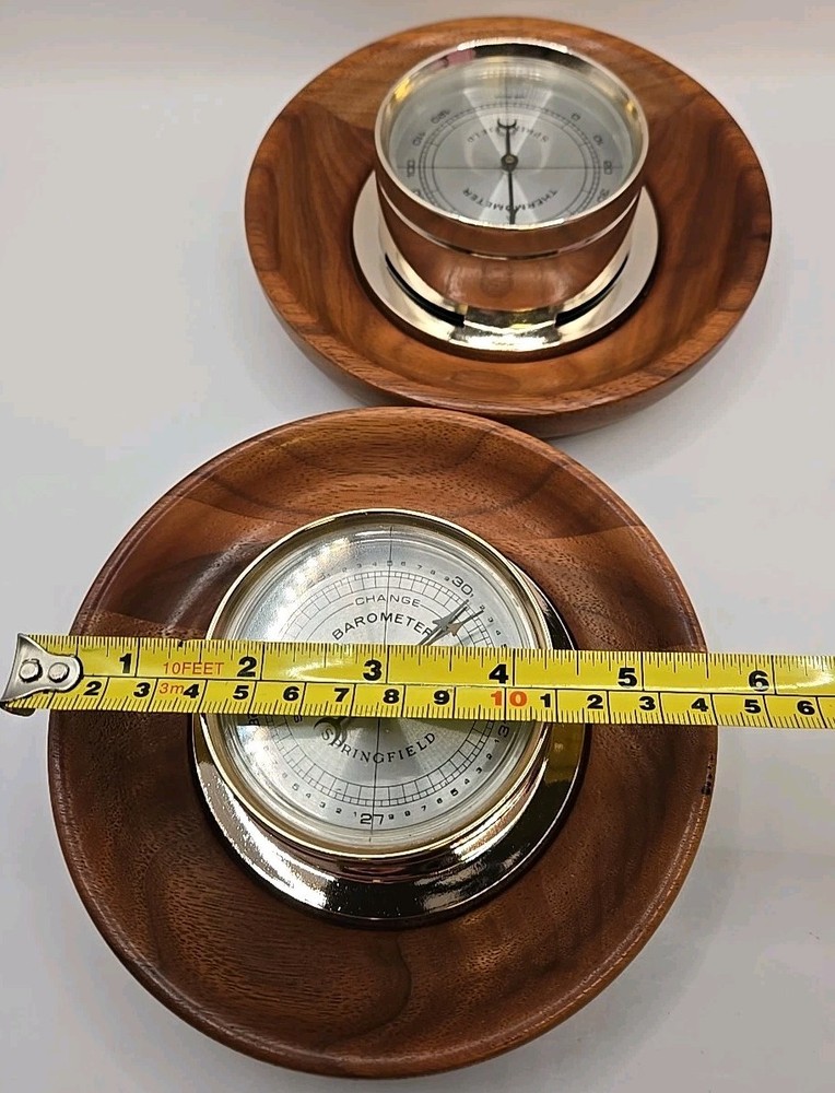 Vintage SPRINGFIELD Set Therometer & Barometer Solid American Walnut Round 5.5"