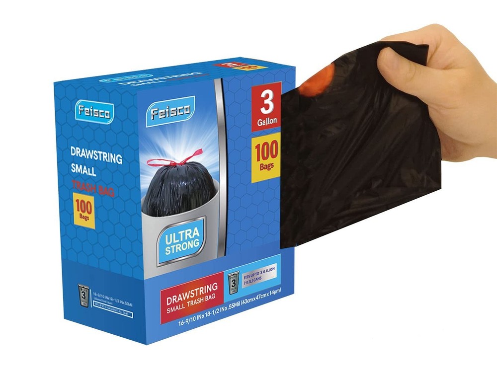 3 Gallon Black Trash Bag,Small Drawstring Garbage Bag Trash Can Liner,100 Cou...