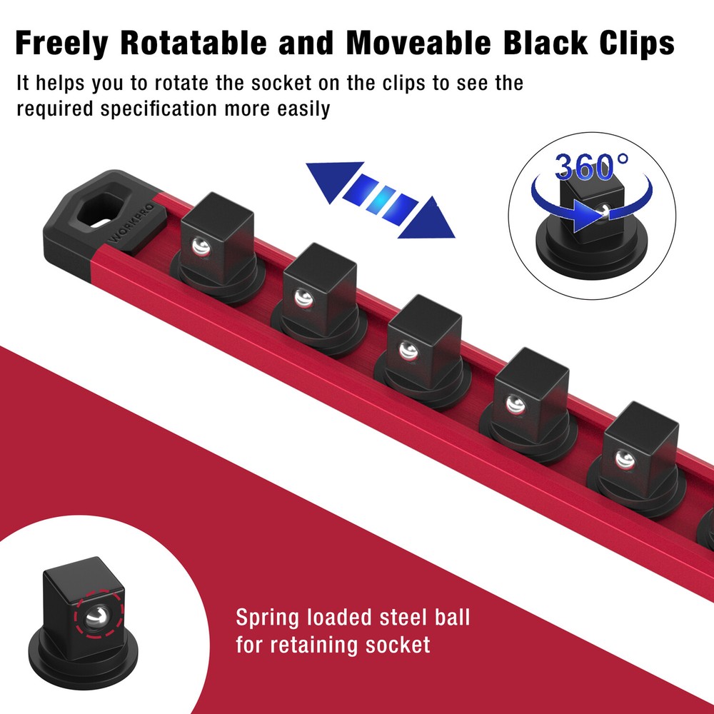 WORKPRO Magnetic Socket Organizer, 3/8-Inch Heavy Duty Socket Holder (Red) NEW