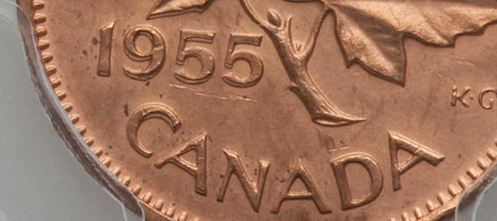 ERROR. 1955 Canada 1 Cent No Strap (NSF) PCGS Genuine Cleaned-UNC Detail