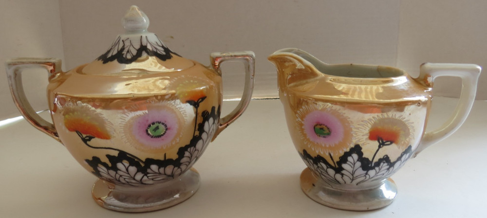 Orange Lusterware Double Handle Sugar Bowl & Creamer Set Hand Painted