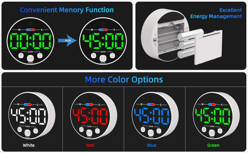 Large LED Digital Timer, Countdown Loud Timer for Kitchen Cooking, Classroom Wh