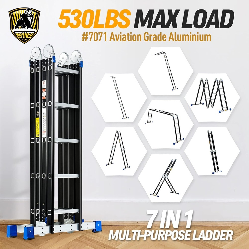 Bryner Folding Step Ladder, 19.6ft, 7 in 1 Multi-Purpose Folding Adjustable