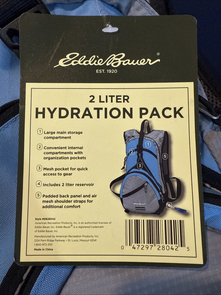 Eddie Bauer 2 Liter Hydration Pack/Backpack Blue NEW WITH TAGS w/ bladder