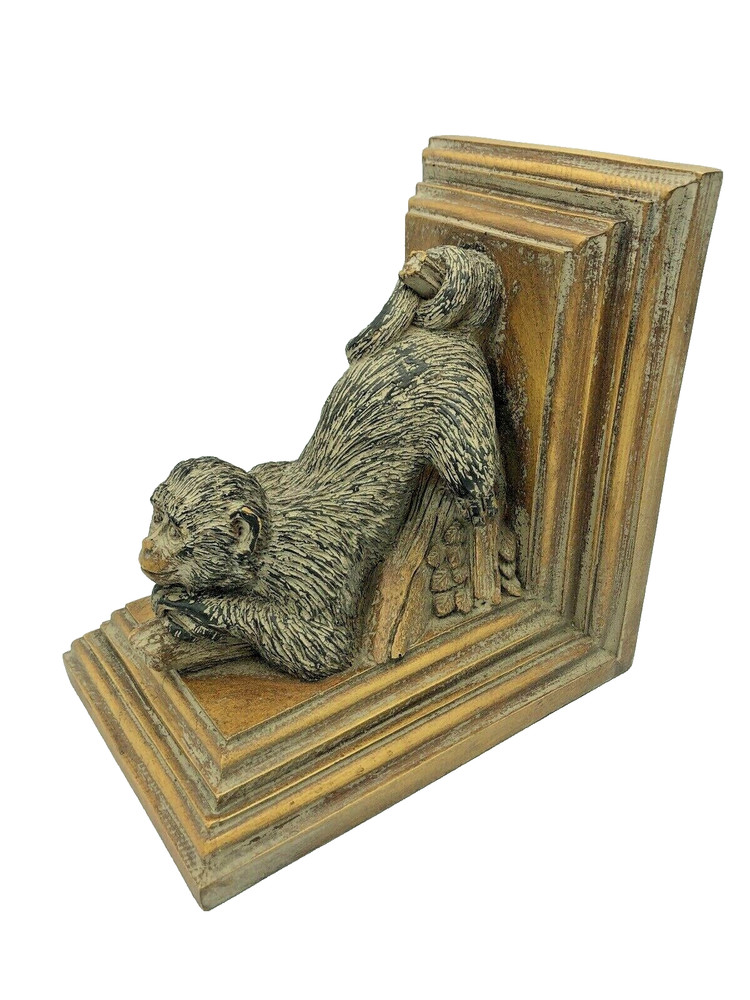 Vintage Decorative Distressed Wood Posing Monkey on a Tree Single Bookend GUC