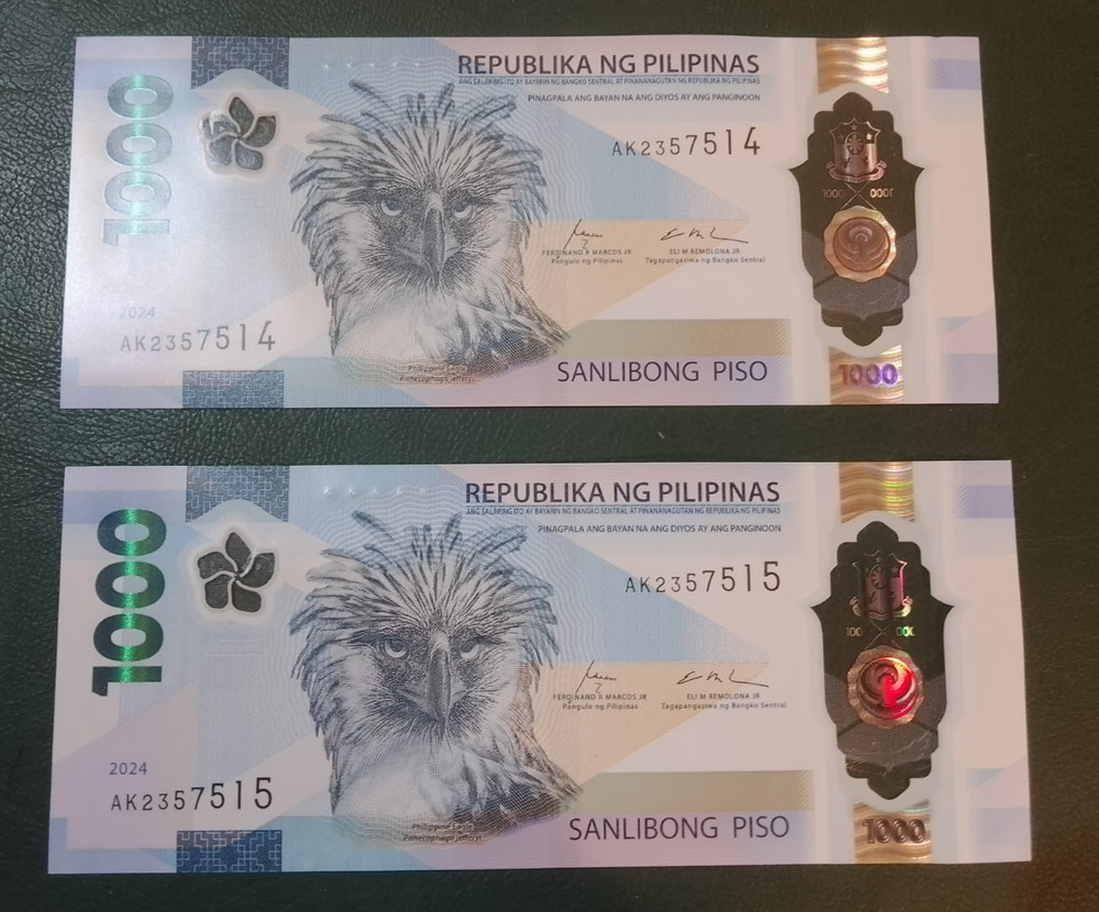 2024 Philippines Banknote P1000 Peso UNC Polymer NEW Eagle - x2 - Sequential