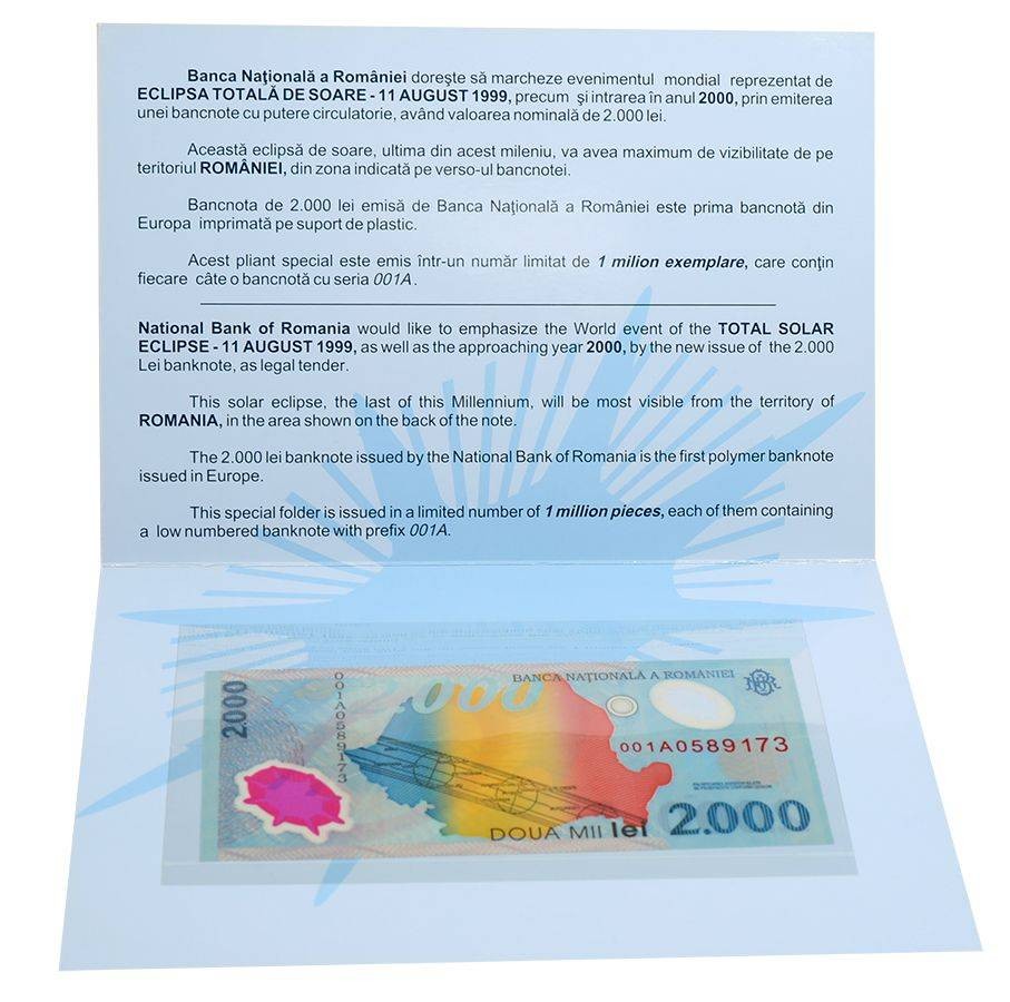 Romania 2000 Lei, 1999, P-111b, UNC, Polymer, Original Folder