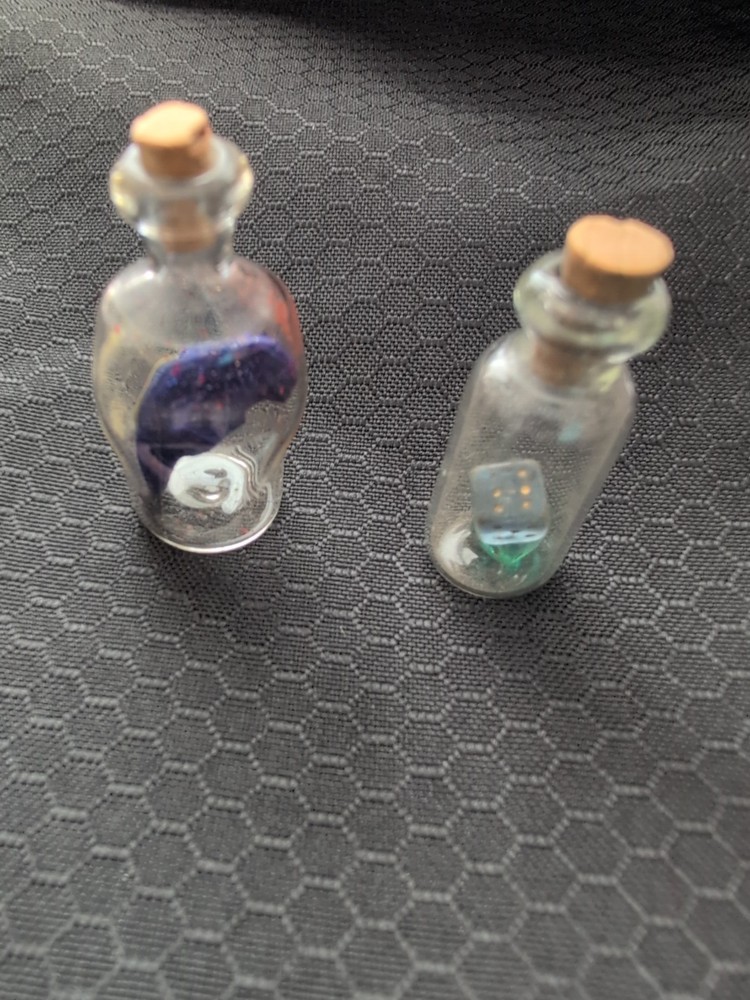 2 Tiny Tiny Bottles With Bird And Dice Inside