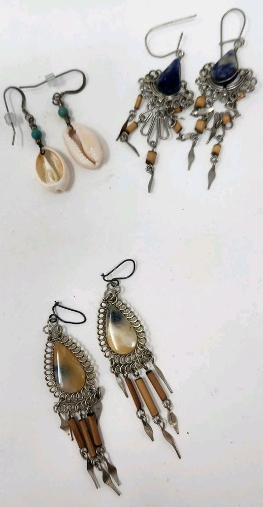 2 Pairs Artisan Tribal Dangle Earrings | 1 Shell Dangle Earing | BOHO Chic