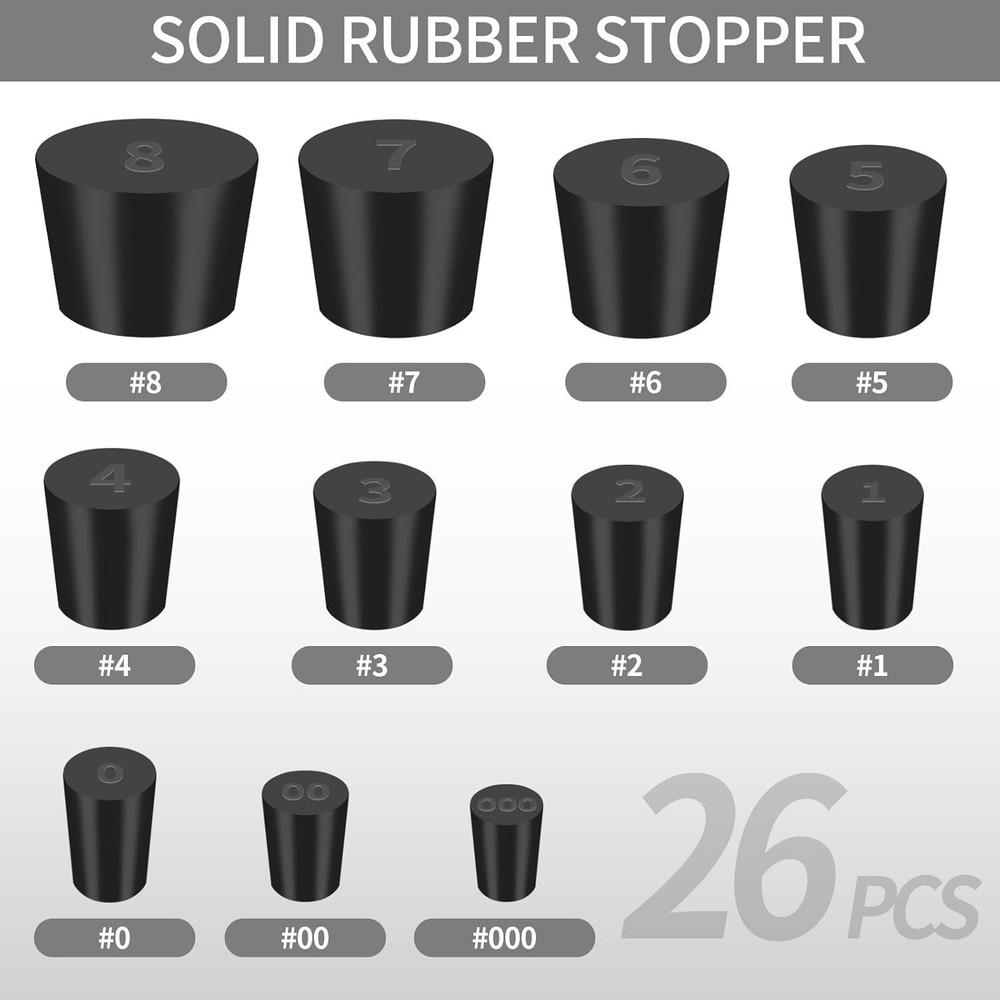 26 PCS Solid Rubber Stoppers, 11 Assorted Sizes(000# - 8#) Tapered Lab Bungs ...