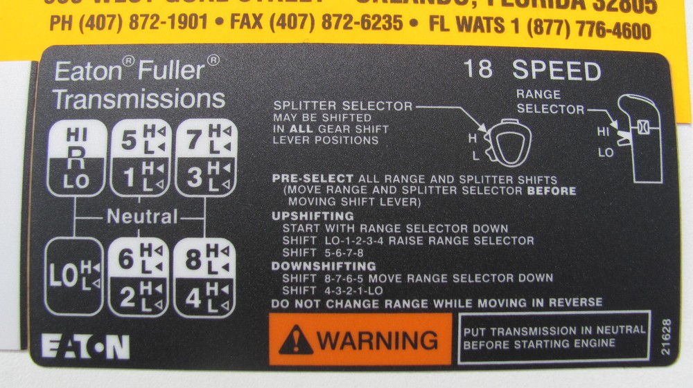 18 Speed Eaton Fuller Transmission Shift Pattern 21628