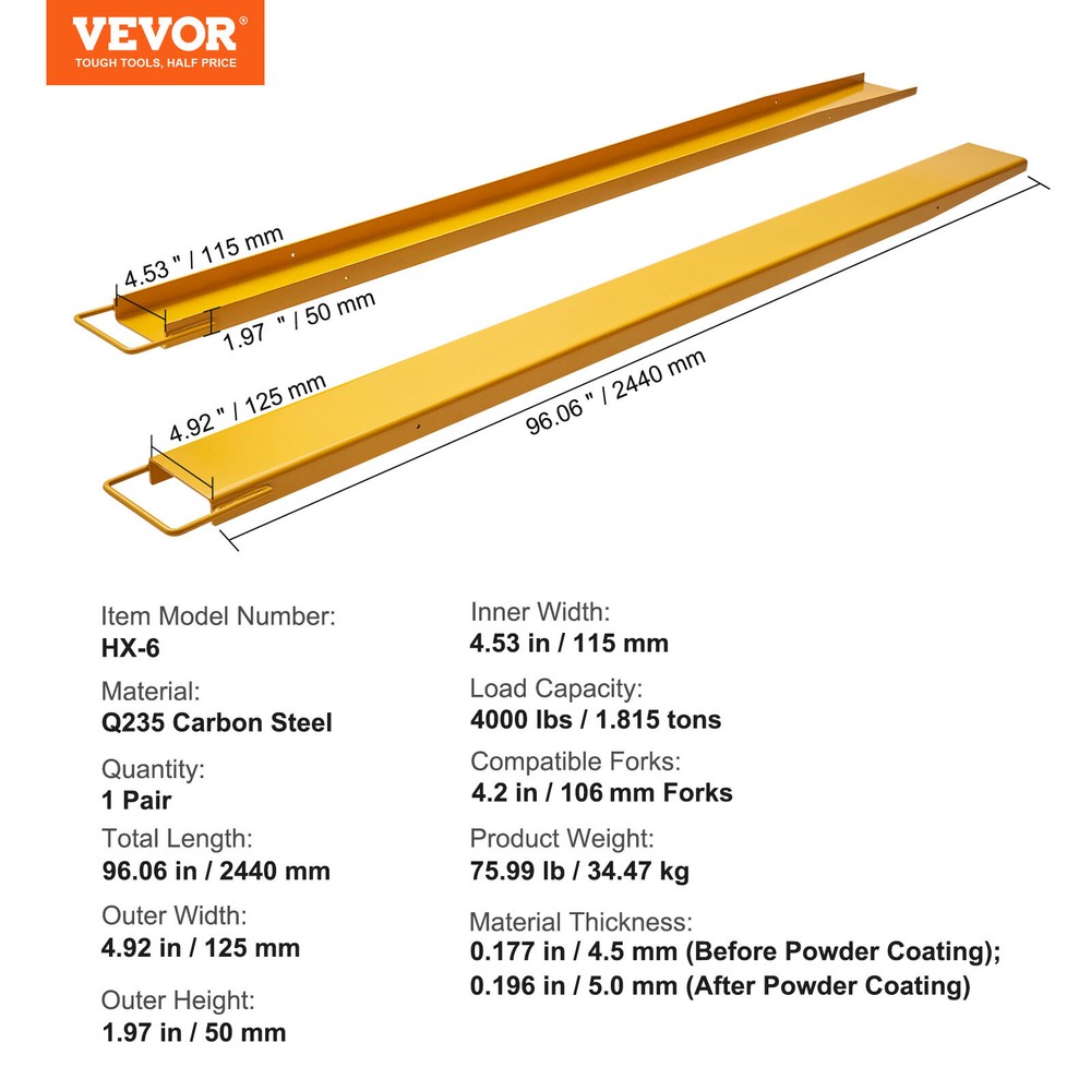 VEVOR Pallet Fork Extensions Forklift Extensions 96" x 4.5" Heavy Duty Steel