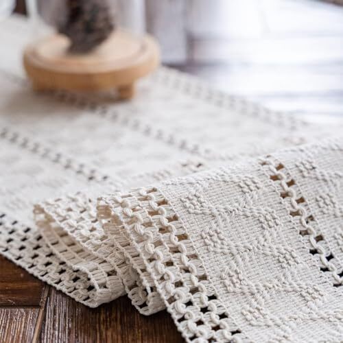 Macrame Table Runner Cream Boho Table Runner with Tassels Hand 12"Wx36"L Beige