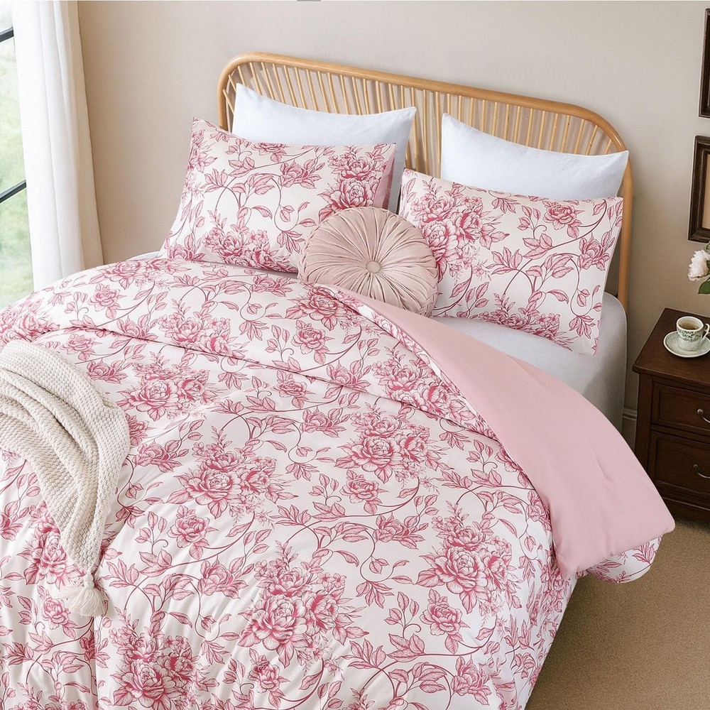 JANZAA Queen Size Comforter Set Pink Comforter Floral Peony Pattern Bedding S...