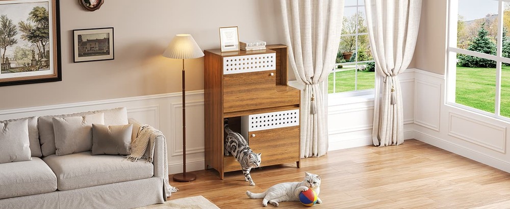 Brown 2-in-1 Cat Litter Box Enclosure Side Table Storage for 2 Small-Medium Cats
