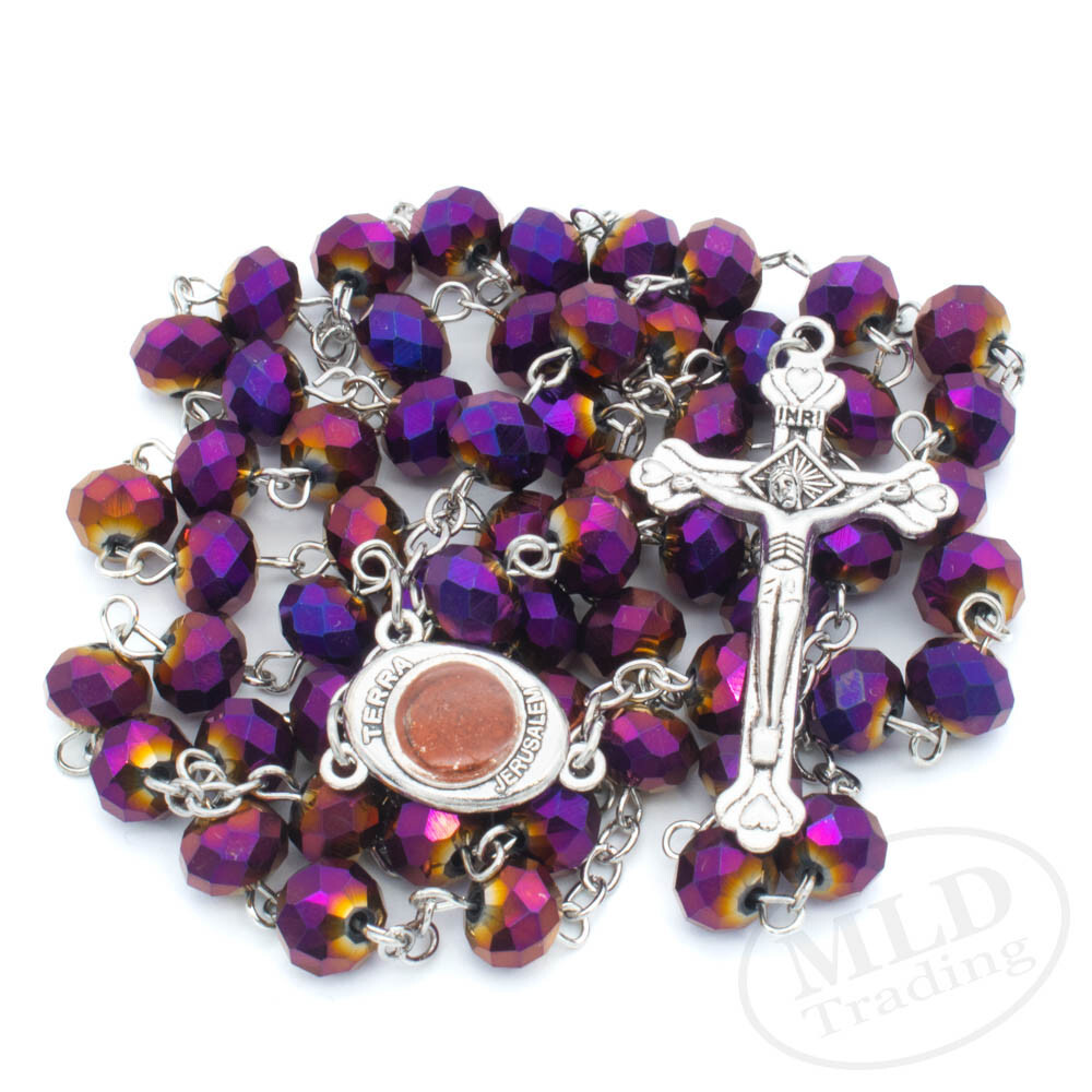 Deep Purple Crystal Beads Rosary Necklace Catholic Holy Center & Cross Crucifix