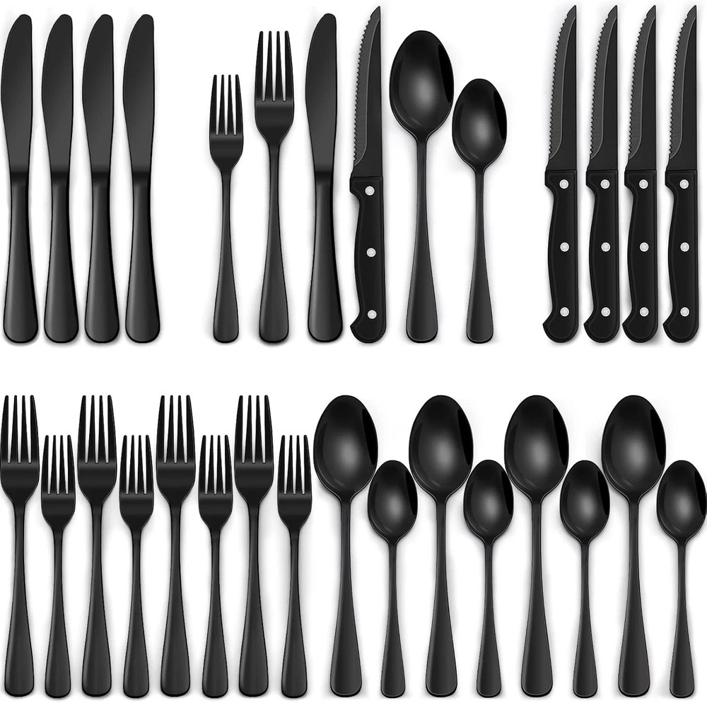 24-Piece Matte Black Silverware Set, Stainless Steel Flatware Cutlery, Kitchen