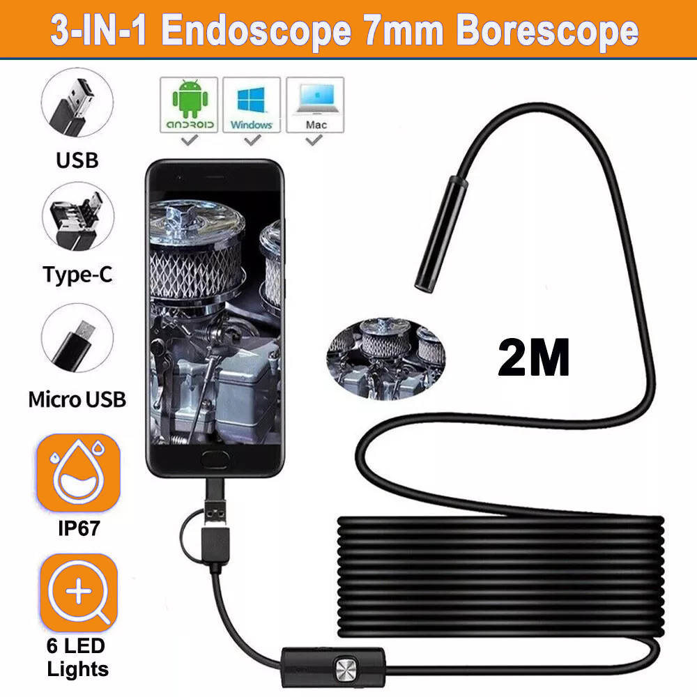 2M Snake Endoscope Borescope 7mm HD Inspection USB Camera Scope for Android