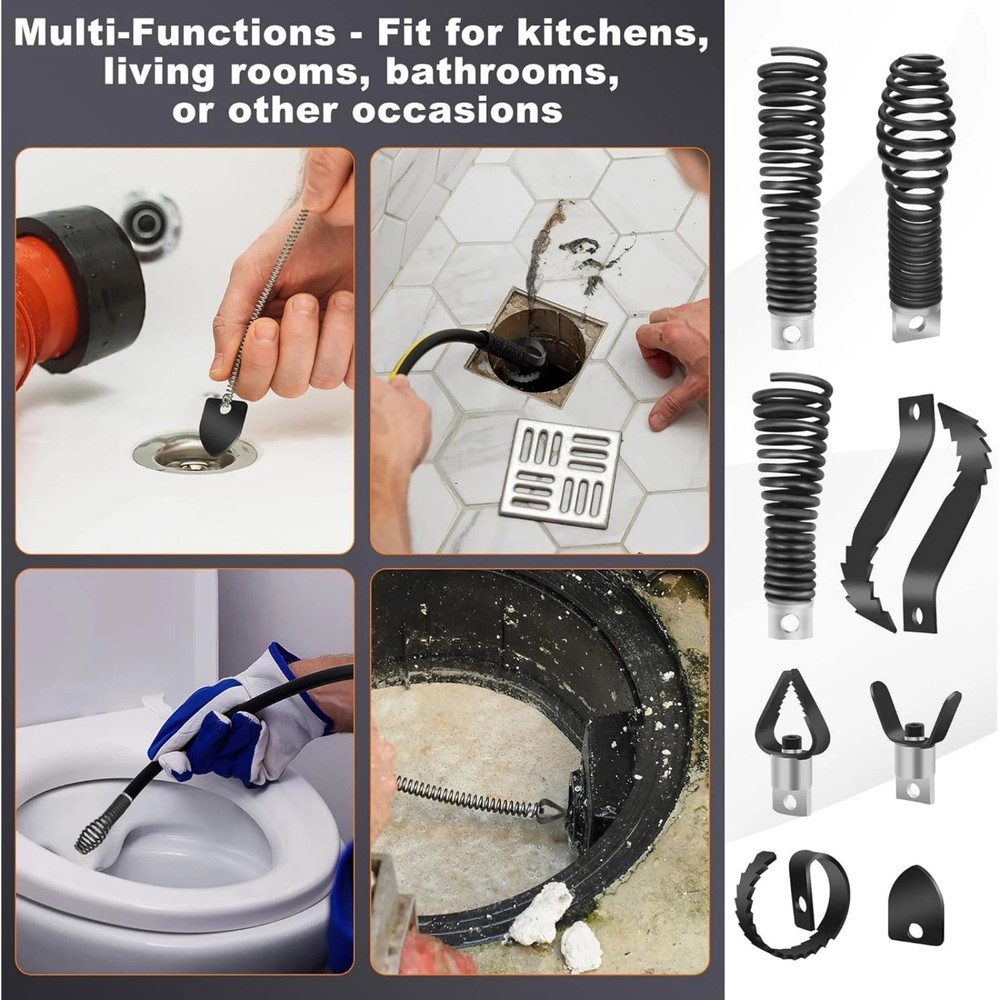 8PCS Drain Drill Attachments, Multi-Function Cutter Heads for Snake Machines