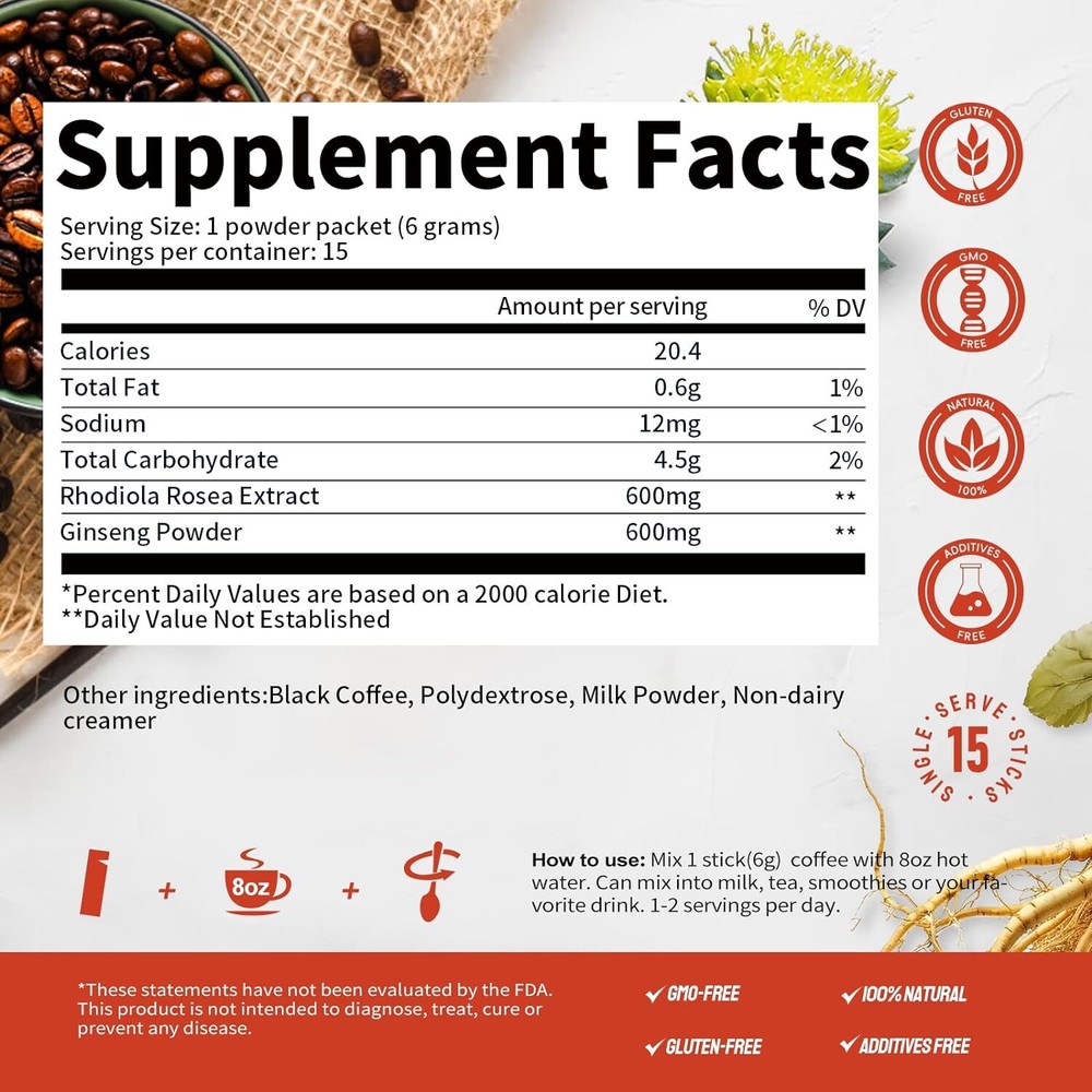 Mutsweet Energizing Instant Coffee, Rhodiola & Ginseng, 15 Packets