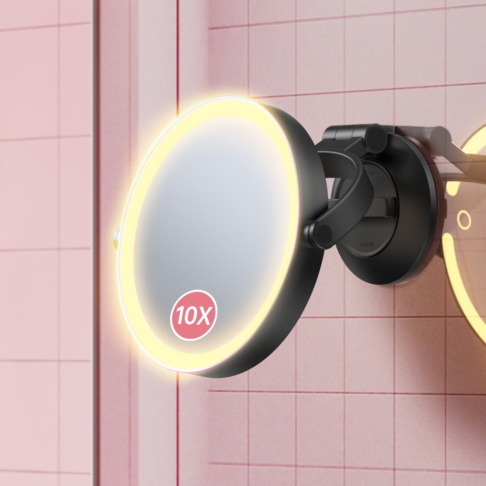 Suction Cup Magnifying Mirror with Light 10X, Wall Mounted Makeup Mirror with...