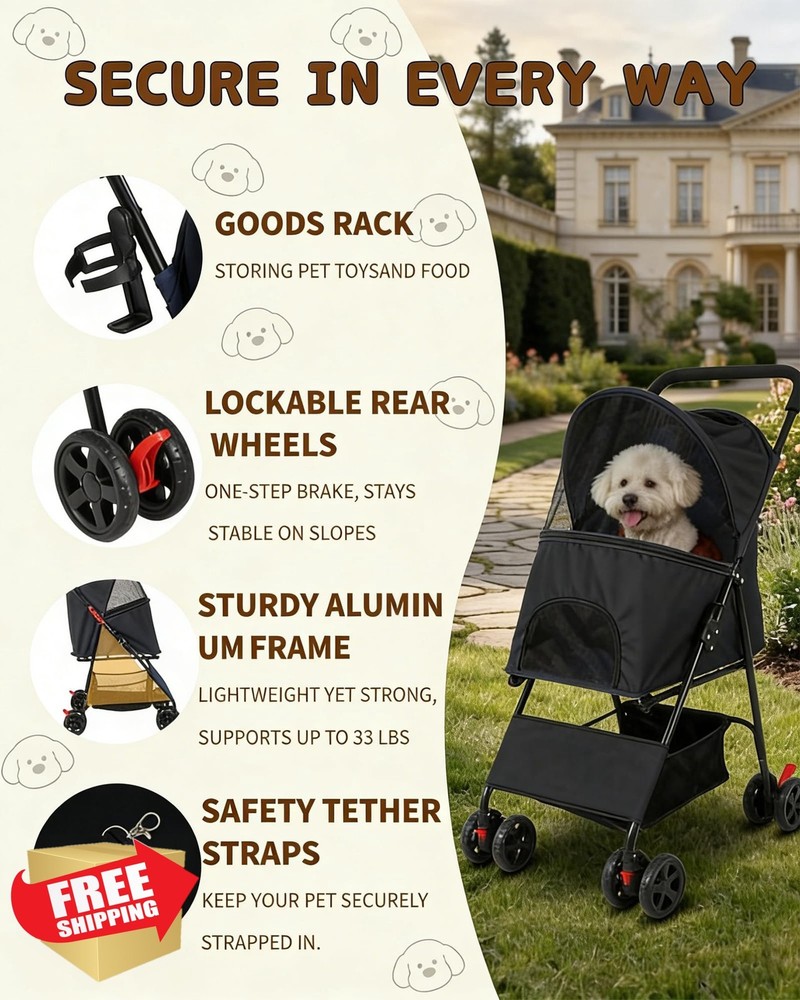 Pet Stroller Small Medium Dog Cat Foldable 33lbs Black