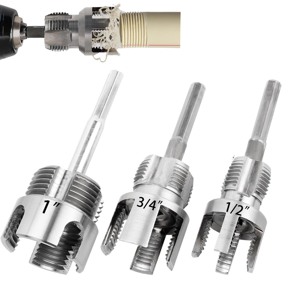3PCS PVC Pipe Threader Kit 1/2 3/4 1 Inch NPT Drill Compatible Threading Tool