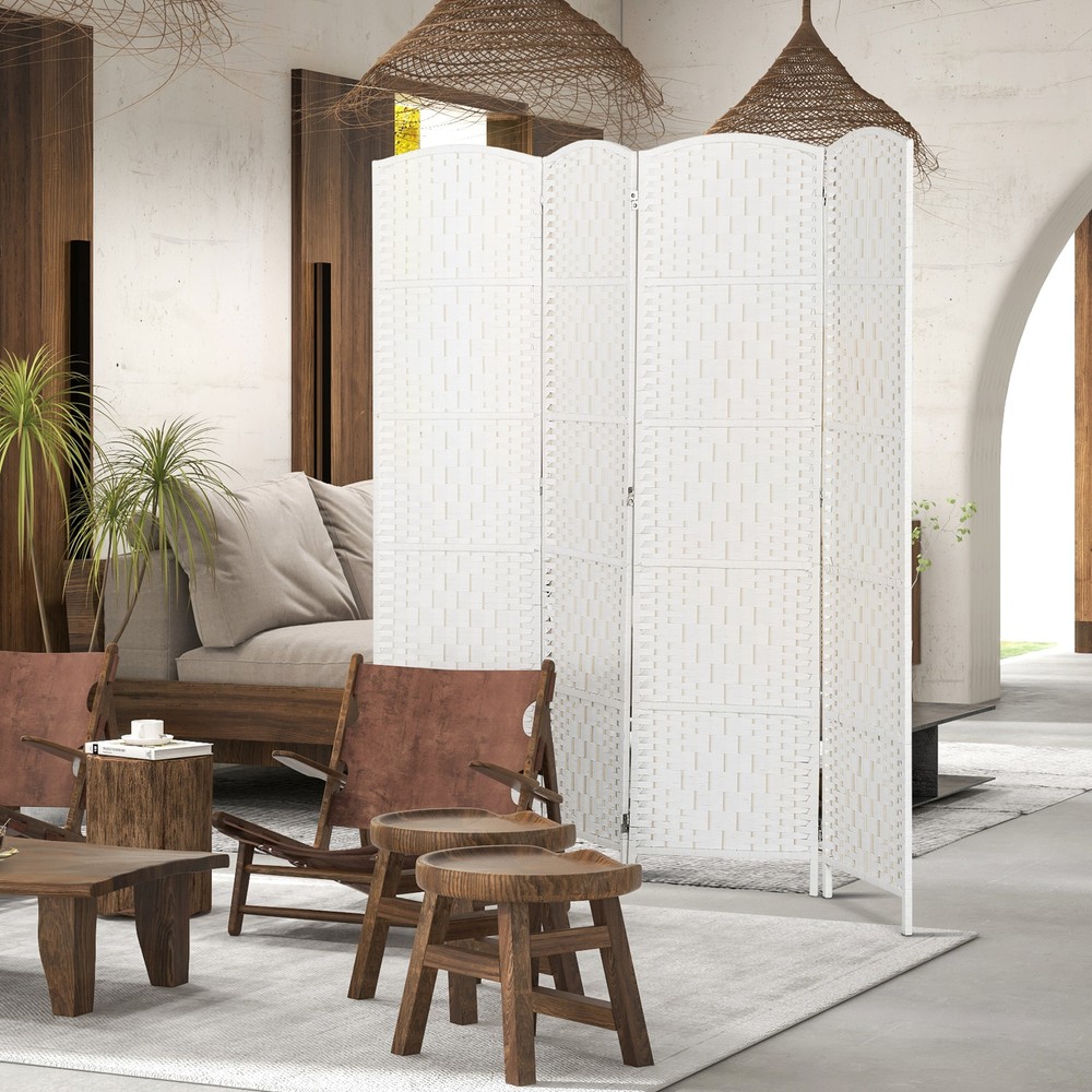 4 Weave Panel Room Divider Privacy Folding Screen Diamond Decor, White