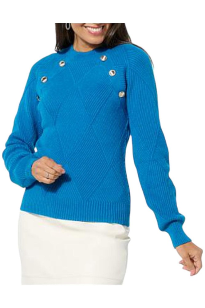 Jaclyn Smith Women's Diamond Stitch Button Sweater Teal Blue