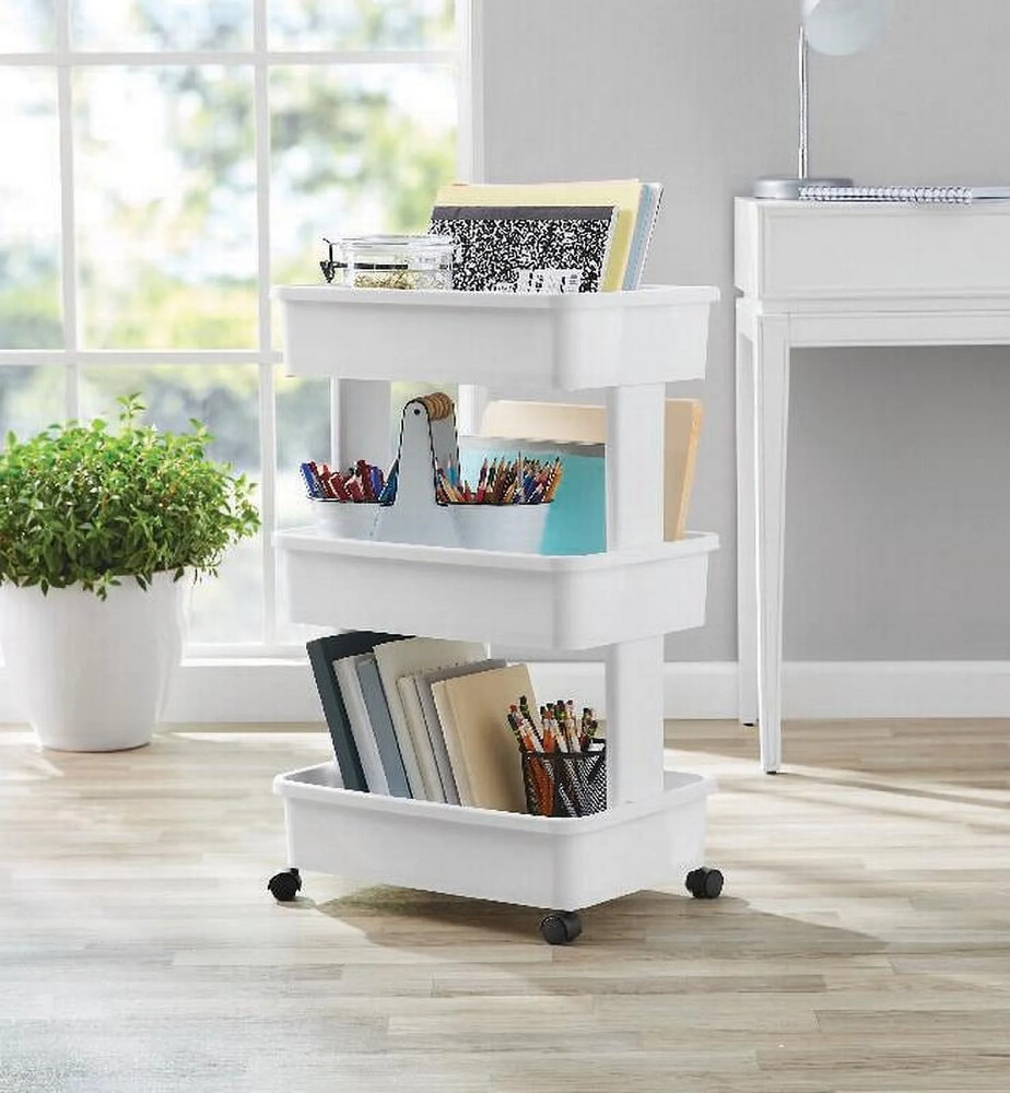 (2 Pack) 3-Tier Plastic Rolling Laundry Cart, Arctic White