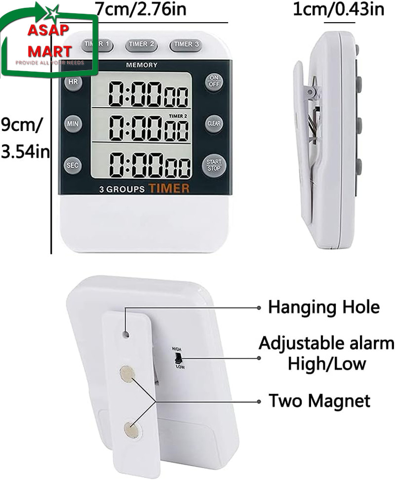 Digital Dual Kitchen Timer, 3 Channels Count Up/Down Timer, Triple Cooking Timer