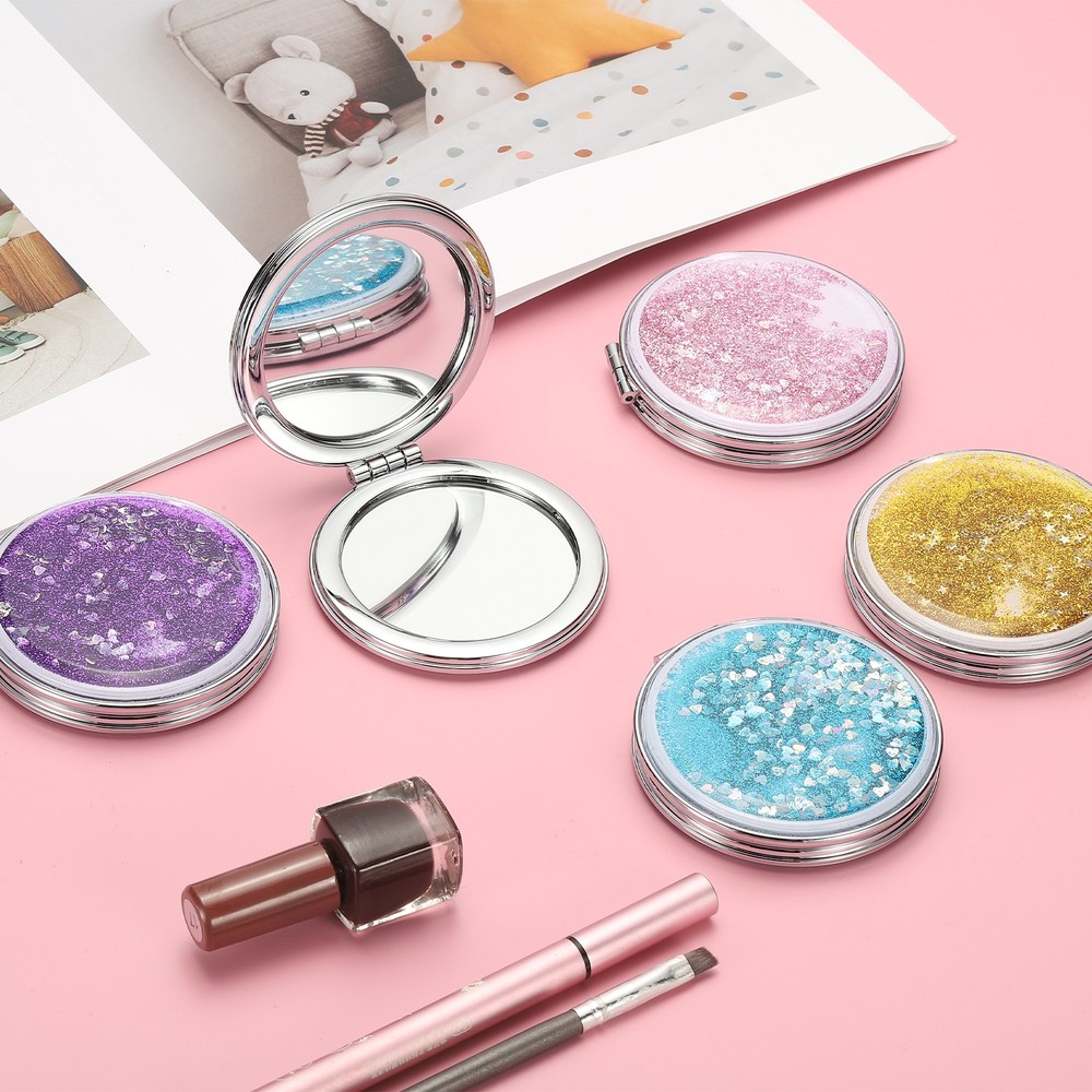 Glitter Pocket Mirror, Round Double-Sided Compact Mirror, Pink
