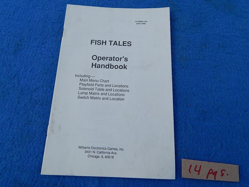 1992 Williams FISH TALES pinball machine Operator's Handbook