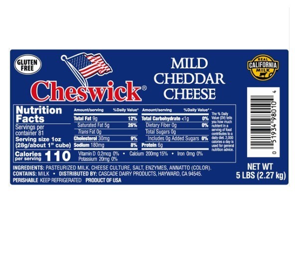 Cheswick Cheddar Cheese Mild 5lbs Block Deli Style Fresh