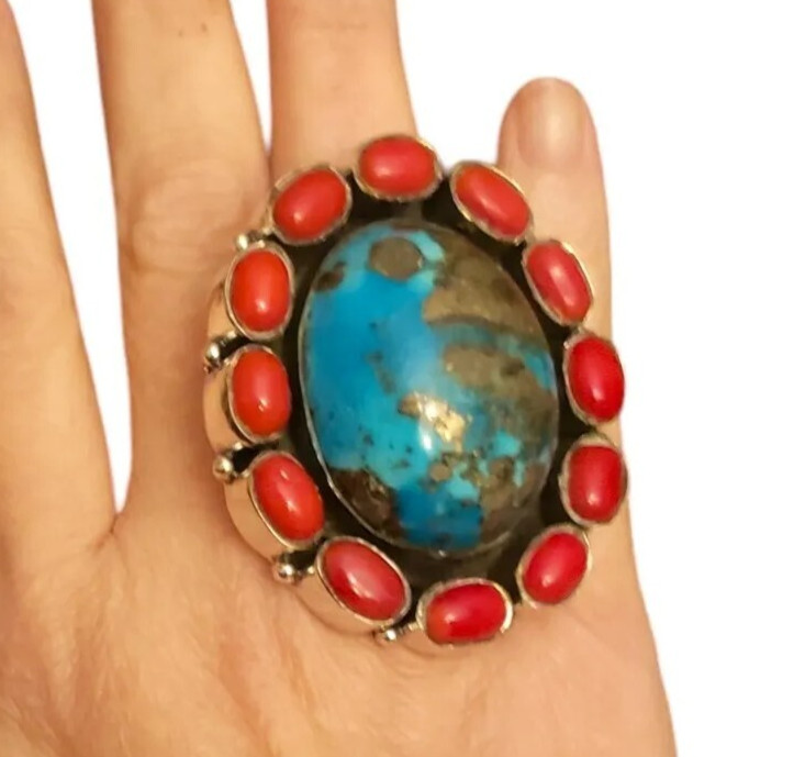 Turquoise Coral Statement Ring Size 7.75 Sterling Silver Southwestern Boho