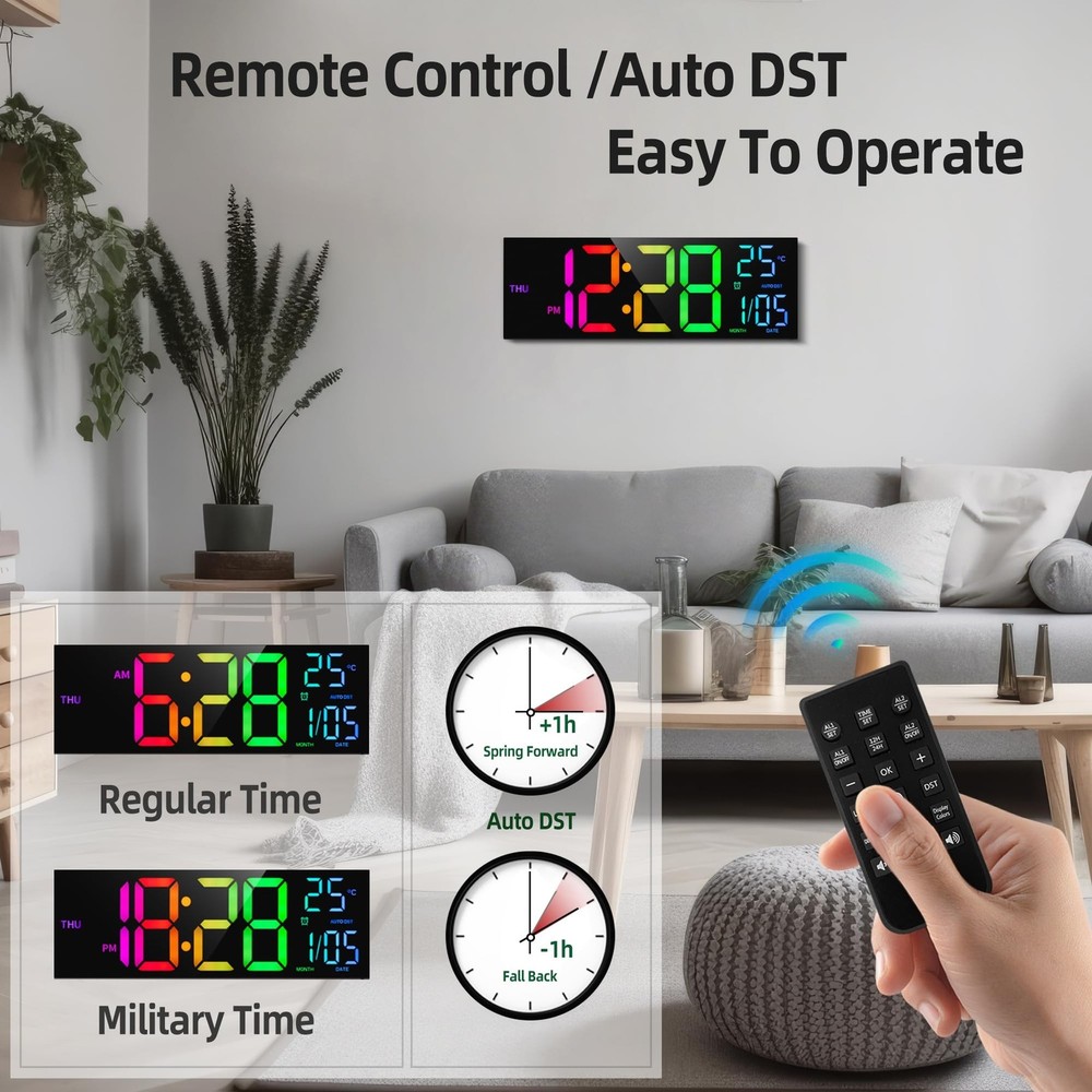 8 Colors Digital Wall Clock, 16.2" Large Digital Clock with Temperature, Date...