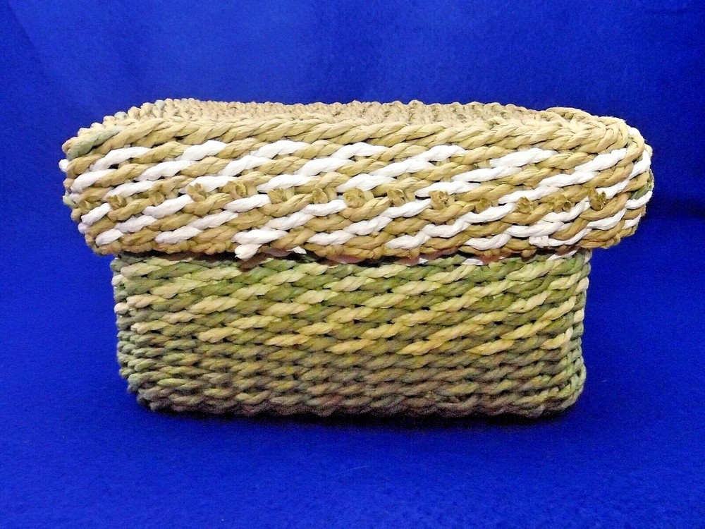Vintage Soft Sided Macrame Sewing Box - Avocado Green & White - 10"