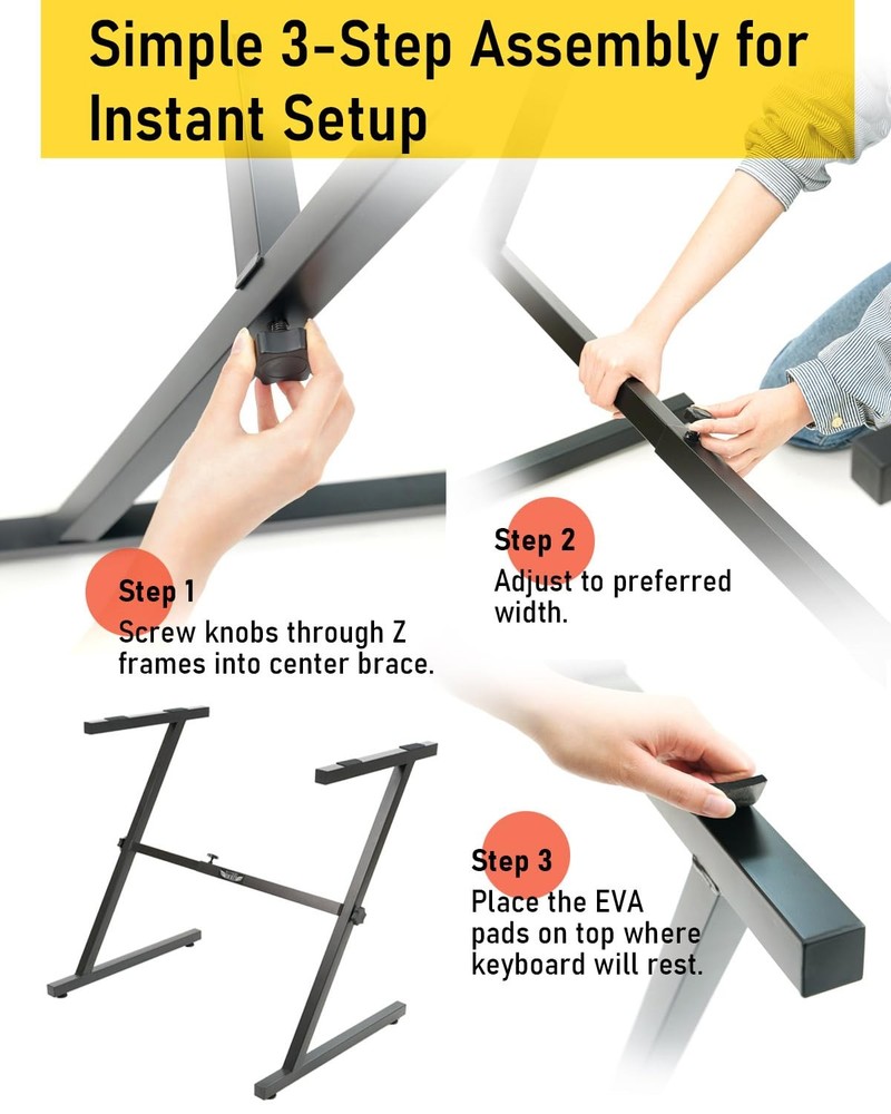 Z-Style Keyboard Stand, Adjustable Width for 61/88 Key Keyboards, Sturdy & Du...