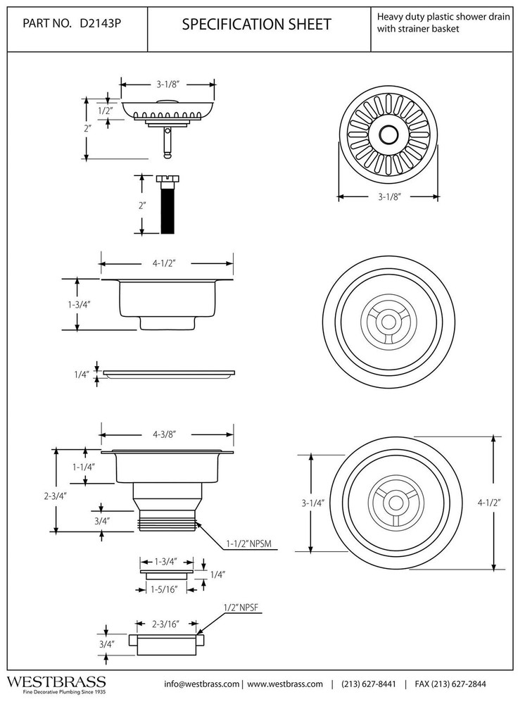 Westbrass Push-Pull Style Large Kitchen Sink Basket Strainer, Powder Coat White