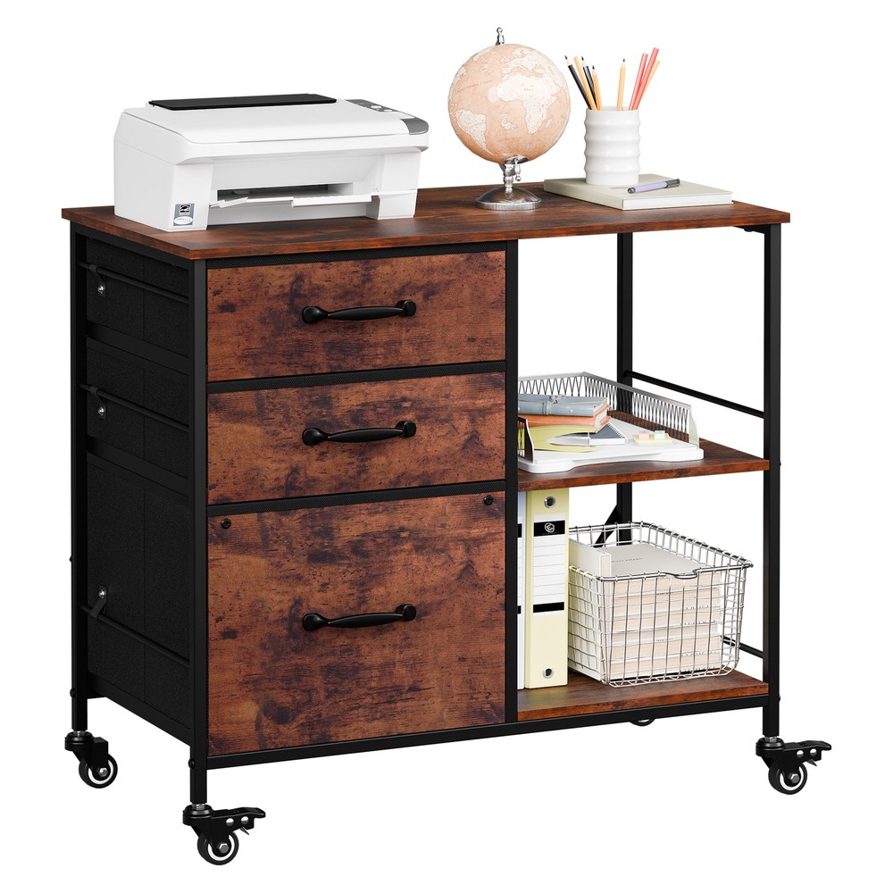 Rustic Brown File Cabinets Rolling Mobile Printer Stand with Storage 3 Drawers