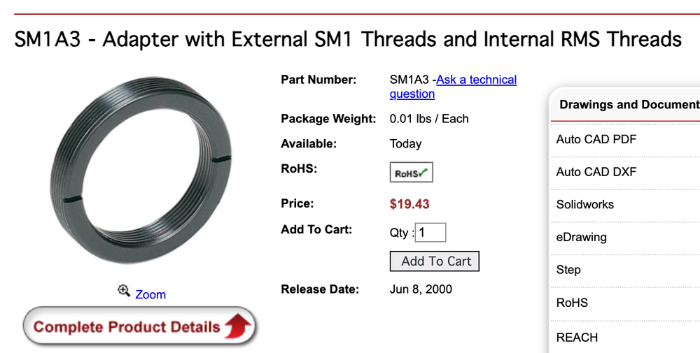 Thorlabs SM1A3 SM1 to RMS Thread