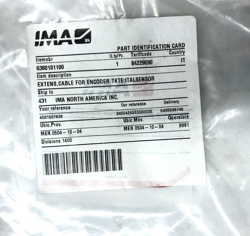 IMA Extension Cable For Encoder TKTE: ITALSENSOR 6360101100 NOS
