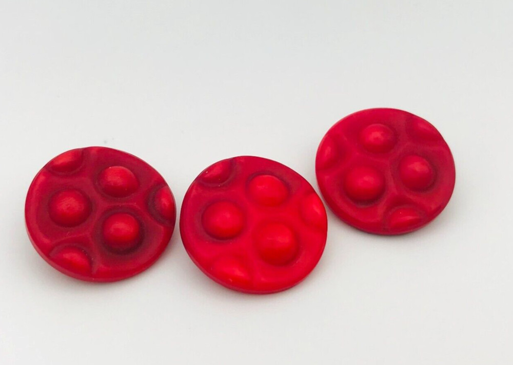 3 Red Bumpy Round Buttons Plastic Shank Matching Set Weird Texture Vintage 3/4"