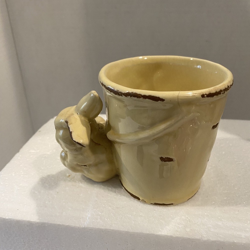 Rustic Yellow Bunny Rabbit on Pail Ceramic Small Planter